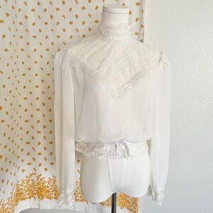 Vintage Lace High Neck Blouse Ivory Sheer MIKAL S/M
